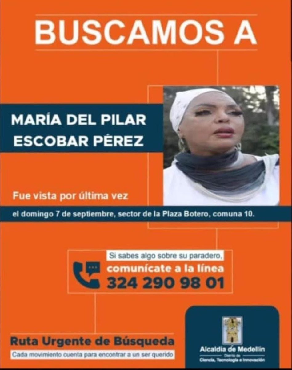 #URGENTE Señores <a href="/MinInterior/">MinInterior Colombia</a> @minigualdad nos sumamos a las voces de alerta por la desaparición de María del Pilar Escobar Pérez “Twiggy” reconocida activista de la ciudad de Cali y desaparecida en la ciudad de Medellín el pasado 7 de septiembre.