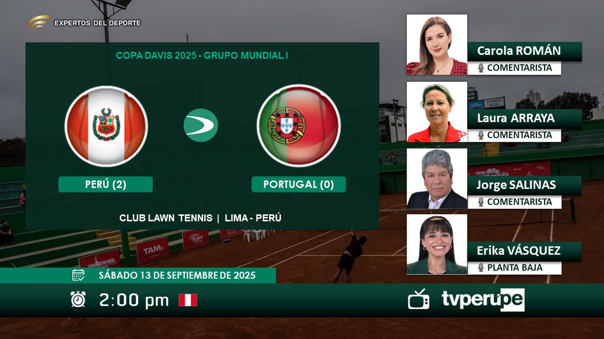 🎾 #DavisCup 🌎 | Grupo Mundial I
#Perú 🇵🇪 vs. #Portugal 🇵🇹
🎙️Comentaristas:
Carola Román, Laura Arraya y Jorge Salinas
🎙️ Planta Baja:
Erika Vásquez
📺 <a href="/tvperupe/">TVPerú</a> 🇵🇪
#CopaDavisxTVPerú