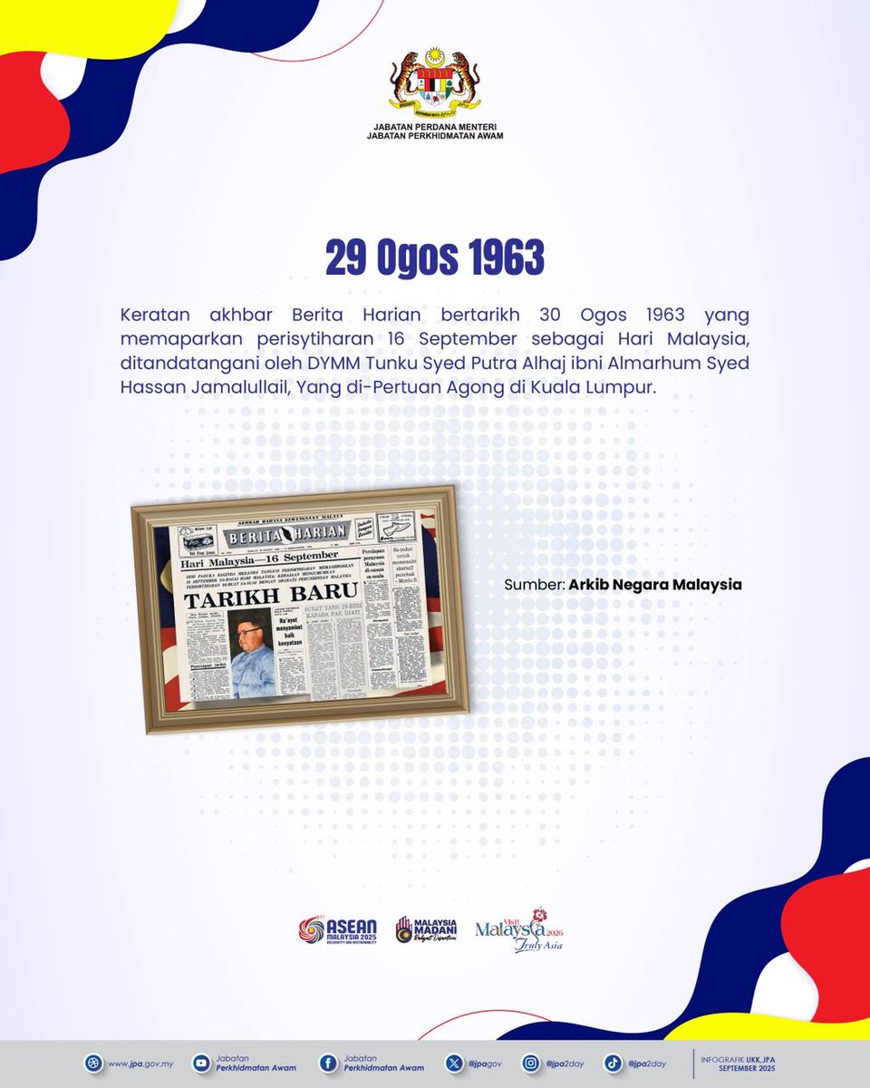 jpagov's tweet photo. 𝗦𝗲𝗷𝗮𝗿𝗮𝗵 𝗛𝗮𝗿𝗶 𝗠𝗮𝗹𝗮𝘆𝘀𝗶𝗮

Hari Malaysia disambut pada 16 September setiap tahun untuk memperingati tarikh bersejarah pembentukan Malaysia pada tahun 1963. Pada tarikh ini, Persekutuan Tanah Melayu bergabung dengan Borneo Utara (Sabah), Sarawak dan Singapura untuk https://t.co/KiLxuANfu1