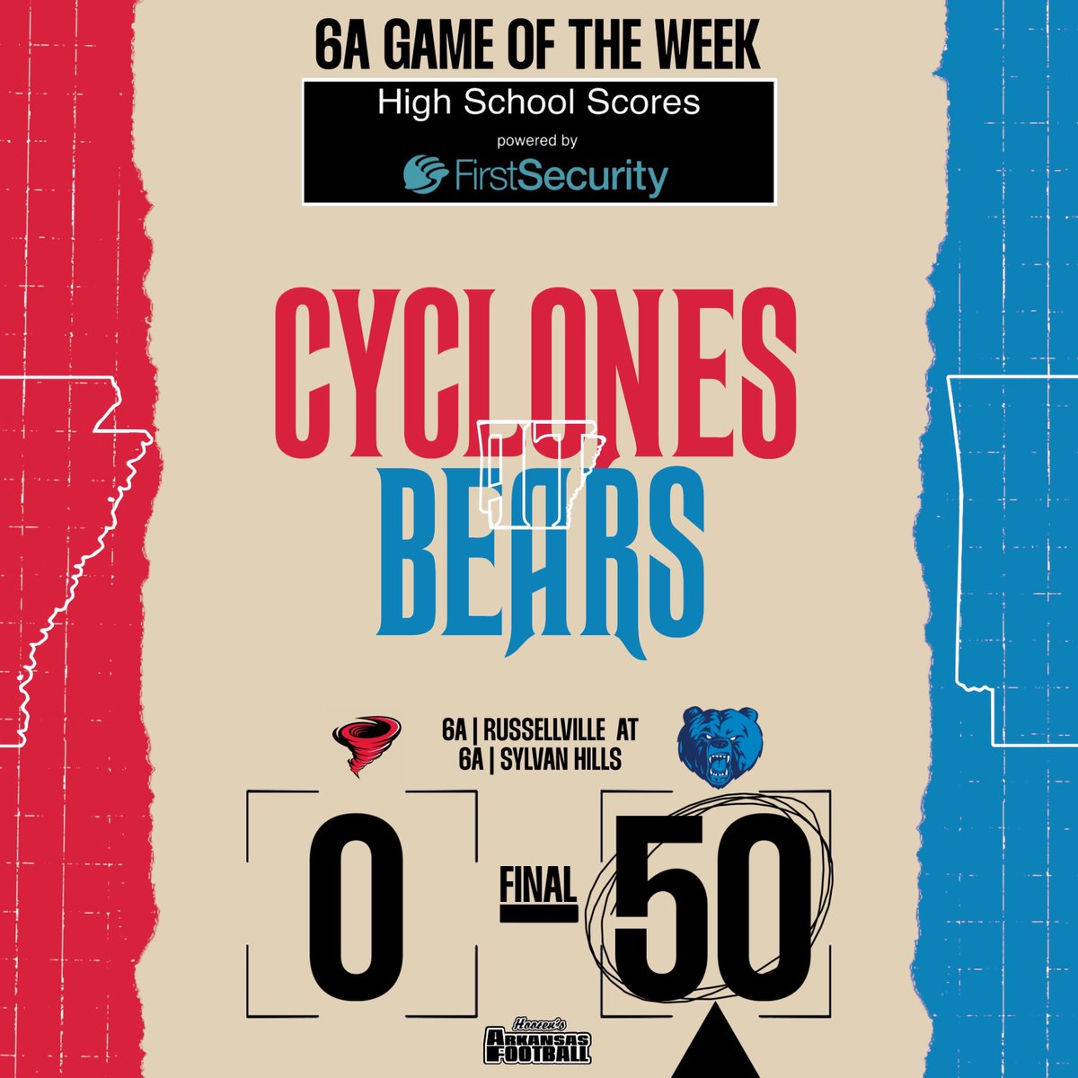 First Security Bank Scoreboard | 6A Game of the Week 

-FINAL-
6A | Sylvan Hills: 50
6A | Russellville: 0

#ARHSFB <a href="/FSBank/">First Security Bank</a>