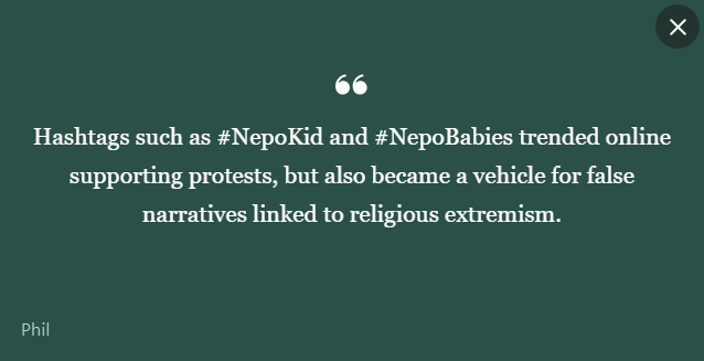 TheDisinformationObserver (@disinfoobserver) on Twitter photo The Gen Z protests in Nepal have rapidly surged, driven substantially by social media and hashtag activism.
Key hashtags like #NepoKid, #NepoBabies, and #PoliticiansNepoBabyNepal trended intensely on platforms such as TikTok, Reddit, Instagram, and X, exposing political nepotism The Gen Z protests in Nepal have rapidly surged, driven substantially by social media and hashtag activism.
Key hashtags like #NepoKid, #NepoBabies, and #PoliticiansNepoBabyNepal trended intensely on platforms such as TikTok, Reddit, Instagram, and X, exposing political nepotism