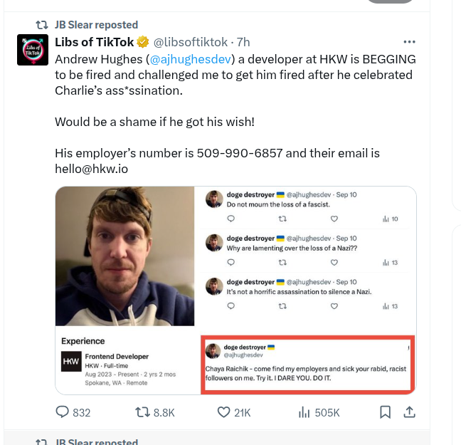 clif_high's tweet image. So IMO this will be seen as a sort of good, emotionally cathartic thing right up to the point that @libsoftictok gets someone MURDERED. THEN will everyone be feeling justified? Elated? What the fuck people? 

IMO This is going to be a HUGE kick in the brains which is to say your…