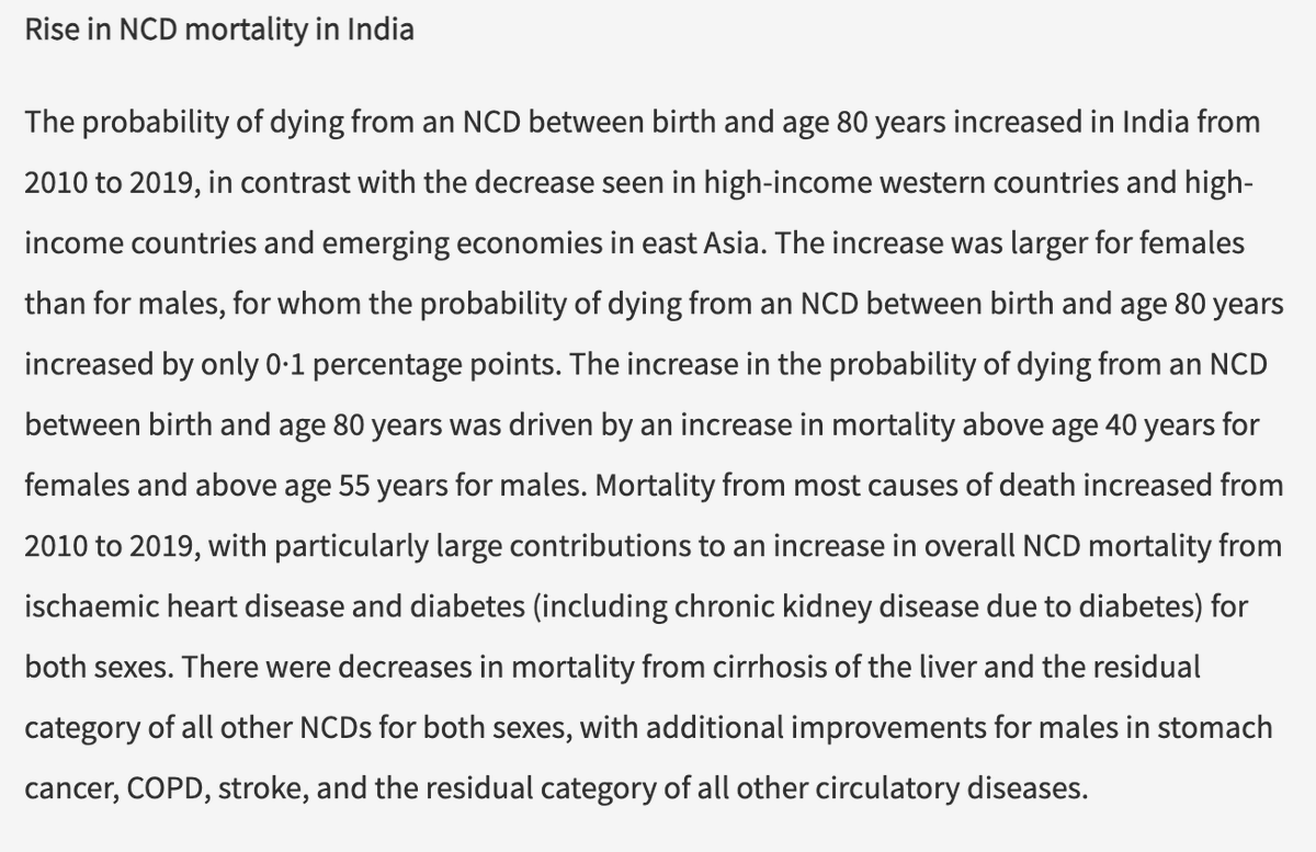 vkylogs's tweet photo. Lancet article before the 4th UNHLM on NCDs in 2025:

- Unconditional probability of premature (30-70 years) mortality due to NCDs is not reducing in India!

- Need to implement multisectoral prevention policies and strengthen primary care with NCD services before it's too late. https://t.co/5ubQNiFu7o
