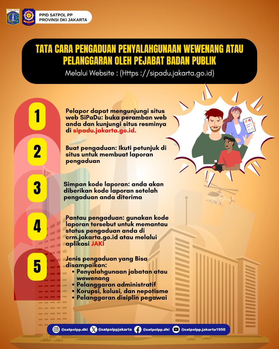 Sobat Praja, kini lapor jadi makin mudah dan transparan!

Melalui SiPaDu (Sistem Pengaduan Terpadu) Kota Jakarta, kamu bisa melaporkan:
✅ Penyalahgunaan wewenang
✅ Korupsi
✅ Pelanggaran administratif
✅ Disiplin pegawai Pemprov DKI Jakarta
