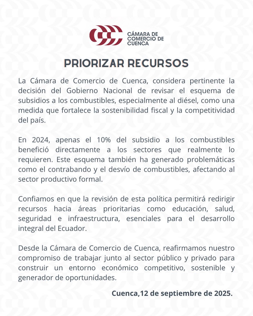 cccuenca's tweet image. 📢 La Cámara de Comercio de Cuenca se pronuncia sobre la revisión de los subsidios al diésel: una medida que fortalece la competitividad y promueve un uso más eficiente de los recursos 🤝