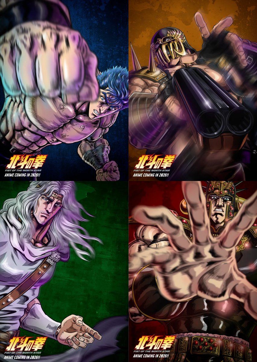 "Fist of the North Star" new character image visuals + new cast announcement:

youtube.com/watch?v=xKqbOP…

[Cast]
Kenshiro (CV: Shunsuke Takeuchi)
Bat (CV: Daiki Yamashita)
Rin (CV: M.A.O)
🆕 Jagi (CV: Wataru Takagi)
🆕 Toki (CV: Tsuguo Mogami)
🆕 Raoh (CV: Taiten Kusunoki)

The new