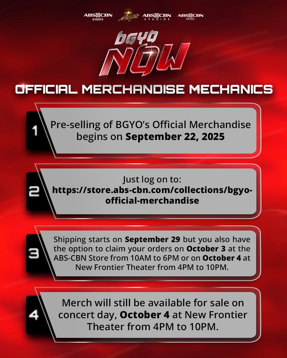 bgyo_ph's tweet image. 🚨 JUST IN! BGYO Official Merchandise is dropping SOON! And you can have it just in time for BGYO: NOW The First Solo Concert on Oct. 4! 🔥

🛒 ‼️PRE-SALE STARTS SEPT. 22
👉 Shop here: Store.abs-cbn.com

#BGYO #BGYONow #BGYOTheFirstSoloConcert #BGYO_OfficialMerch…