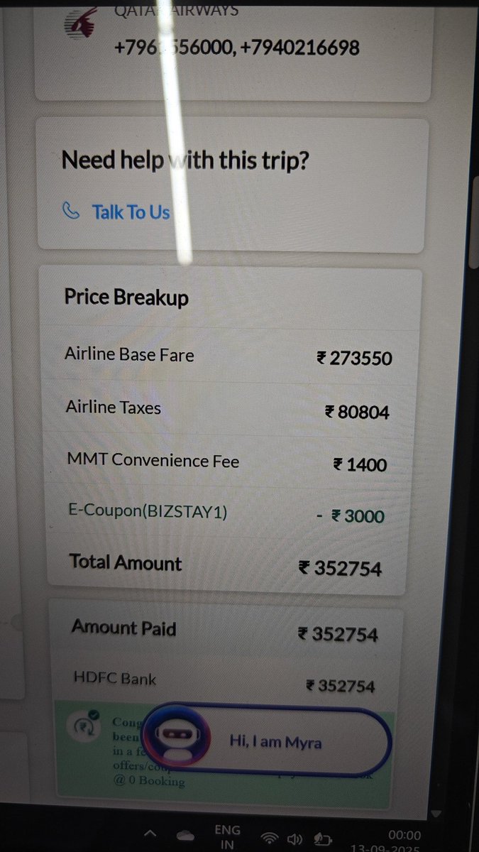 TheSPSingh's tweet image. Dear @MoCA_GoI , @makemytrip charged INR 3.52 Lakhs for a ticket of Qatar Airways which was available for 2.83 Lakhs at the same time at @qatarairways website. Trust of @makemytrip betrayed. Please direct @makemytrip.to refund the excess charged. @jagograhakjago @JoshiPralhad
