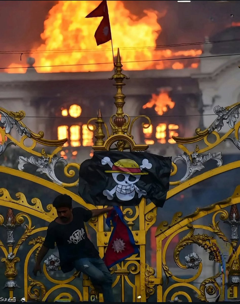The people of Nepal set their Parliament building on fire to protest their corrupt government.
They put the Strawhat Pirate flag on the gate and the flag has become a symbol of protest in Nepal!
#nepal #strawhat #monkeydluffy