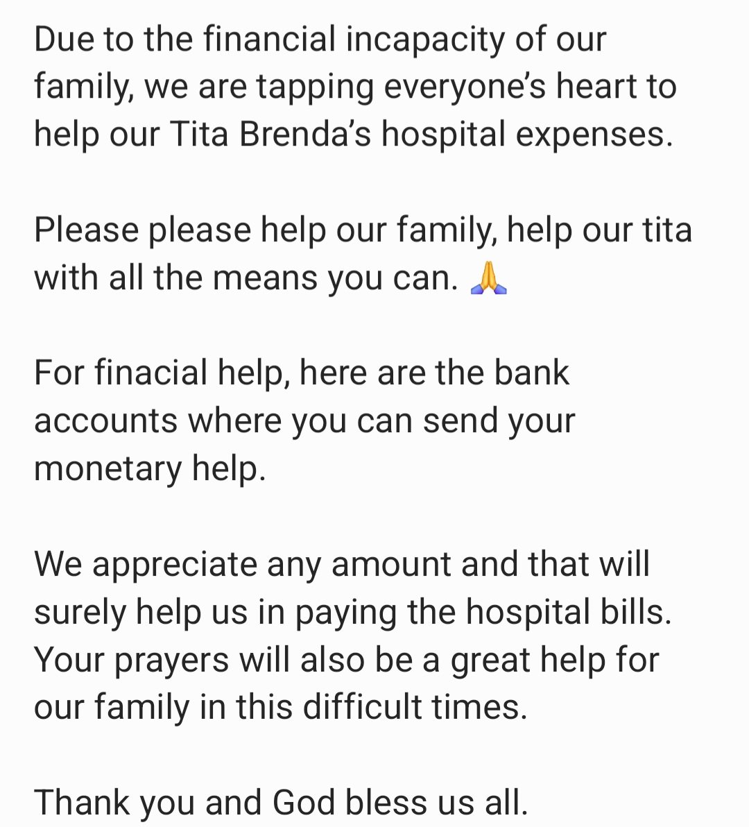 jbfaith37's tweet photo. NEED HELP 💔

OUR AUNTIE IS CURRENLY CONFINED IN ICU-JAPANESE RED CROSS HOSPITAL  DUE TO  CARDIAC ARREST &amp; HEART FAILURE.

WE ARE DOING EVERYTHING TO SUPPORT HER BUT THE HOSPITAL BILL AMOUNTING 4 MILLION PESOS ARE WAY MORE THAN WE CAN HANDLE.

Any means of help is appreciated.🙏 https://t.co/xetbErKMbF