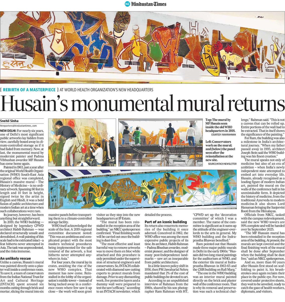 A big thank you to Ram Rahman for generously sending me his photo of the MF Husain mural in the old (now demolished) #WHO building in #Delhi for this story in today’s <a href="/htTweets/">Hindustan Times</a>. The mural has been reinstalled in the lobby of the new WHO building. #MFHusain #architecture #cities