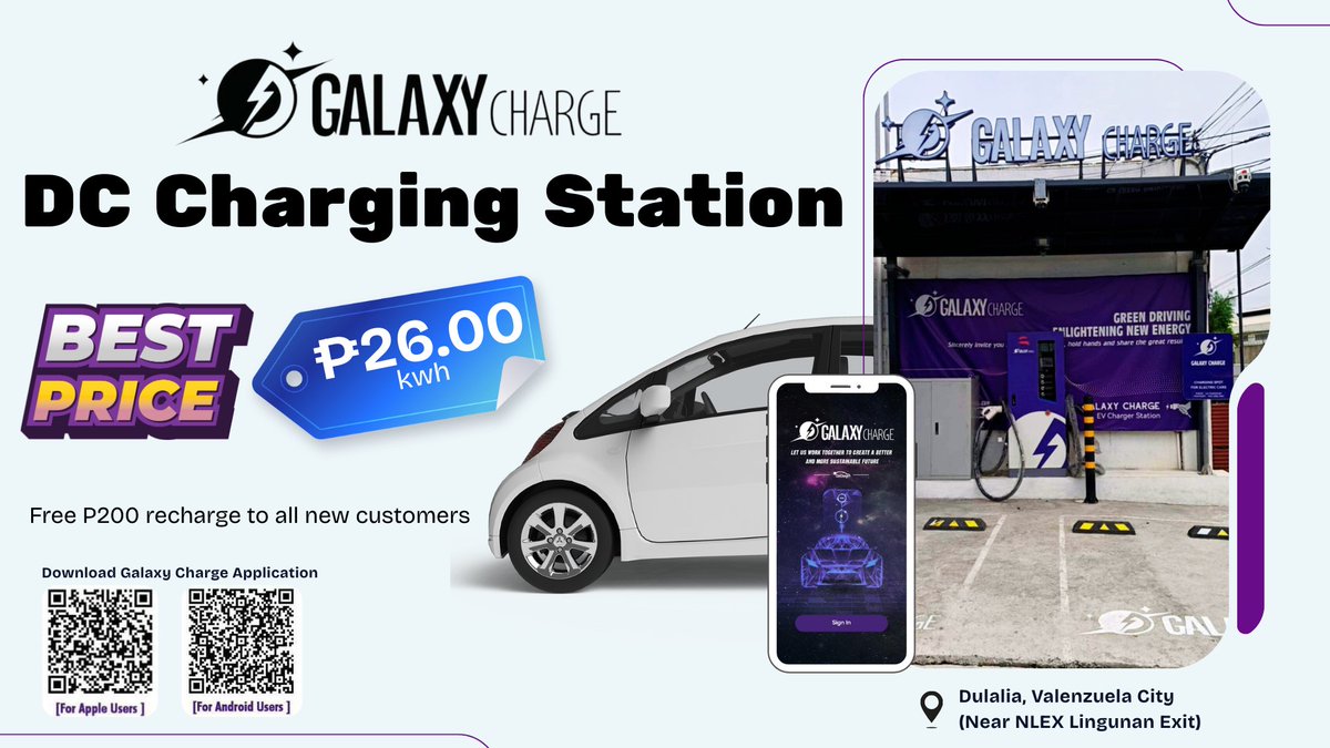 GalaxyCharge_EV's tweet image. Visit na sa Galaxy Charge Dulalia, Valenzuela! 📷📷 Super Fast DC Charger 60kW with 2 charging guns (CCS2 &amp;amp; GBT) – full charge in 45 minutes lang! 📷📷 P26.00/kWh lang, plus FREE P200 recharge para sa mga new customers! 📷#GalaxyChargeApp #EVLife #PlugIntoTheFuture #galaxycharge