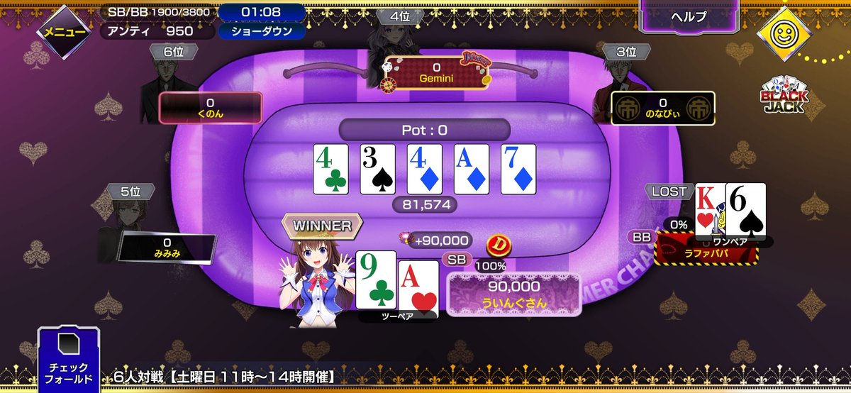 のなてんきゅ
♦︎•♣︎•━━━━
#ポカチェ でクラブマッチをプレイ！
━━━━•♠︎•♥︎
ルーム名：6人対戦【土曜日 11時〜14時開催】
順位：1位

▼#ポーカーチェイス はこちら
bit.ly/3TlZTzt
#ポーカー