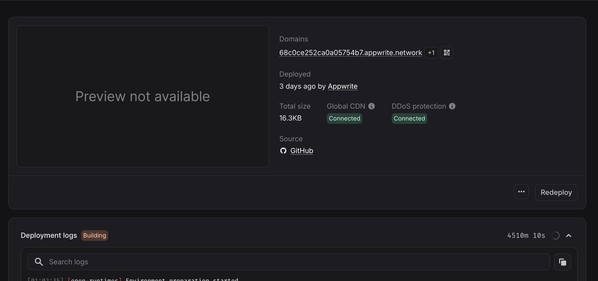 Day 3 of my <a href="/appwrite/">Appwrite</a> deployment: Still says 'Building' after 4510 minutes. At this point I'm pretty sure it's not building my Next.js app, it's building me character 😅 #NextJS #StillBuilding