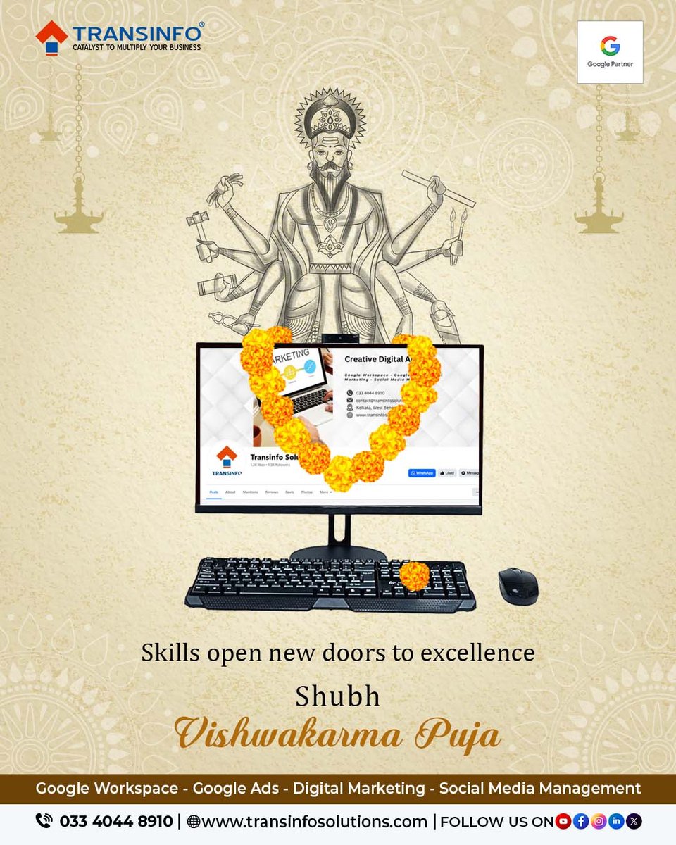 transinfosol's tweet image. We stand for the knowledge, skill and creativity that unlock endless possibilities. Today on the special occasion, we expand our curious mind and eager heart to embark on a journey of ceaseless growth.
#ShubhVishwakarmaPuja to all of you.

#TransinfoSolutions #Transinfo