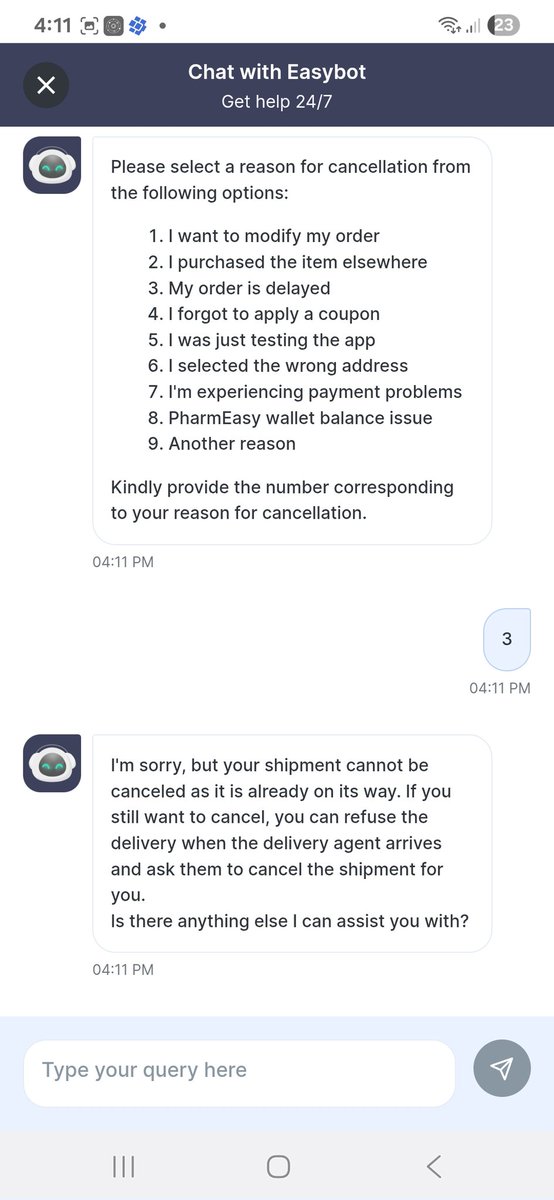 vikas_and's tweet photo. @pharmeasyapp @jagograhakjago 
So, what's the deal? Are you gonna cancel it and give me my money back? Or am I stuck waiting for your delivery guy to show up and cancel it myself? Seriously, you guys have really screwed up the customer experience. https://t.co/kRXnoPNcJQ