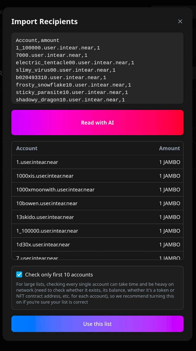 slimedrgn's tweet image. Intear wallet has lived way too long without AI features. Now it can be used as an airdrop / multisend tool and can parse absolutely any file format (as long as LLM can write a script to parse it or parse it by hand)