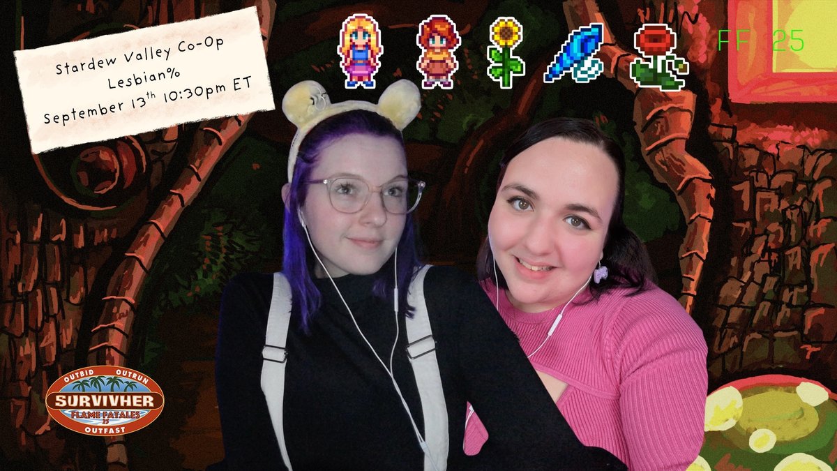 Tomorrow is the big day!! Stardew Valley Lesbian% (co-op Penny/Haley marriage) is coming in hot for the finale of Flame Fatales, with my bestie <a href="/pr1nc3ssgrace/">Grace (pr1nc3ssshortcake)</a> 🥰<a href="/ConcernedApe/">ConcernedApe</a> we'd love to see you in chat tomorrow night!