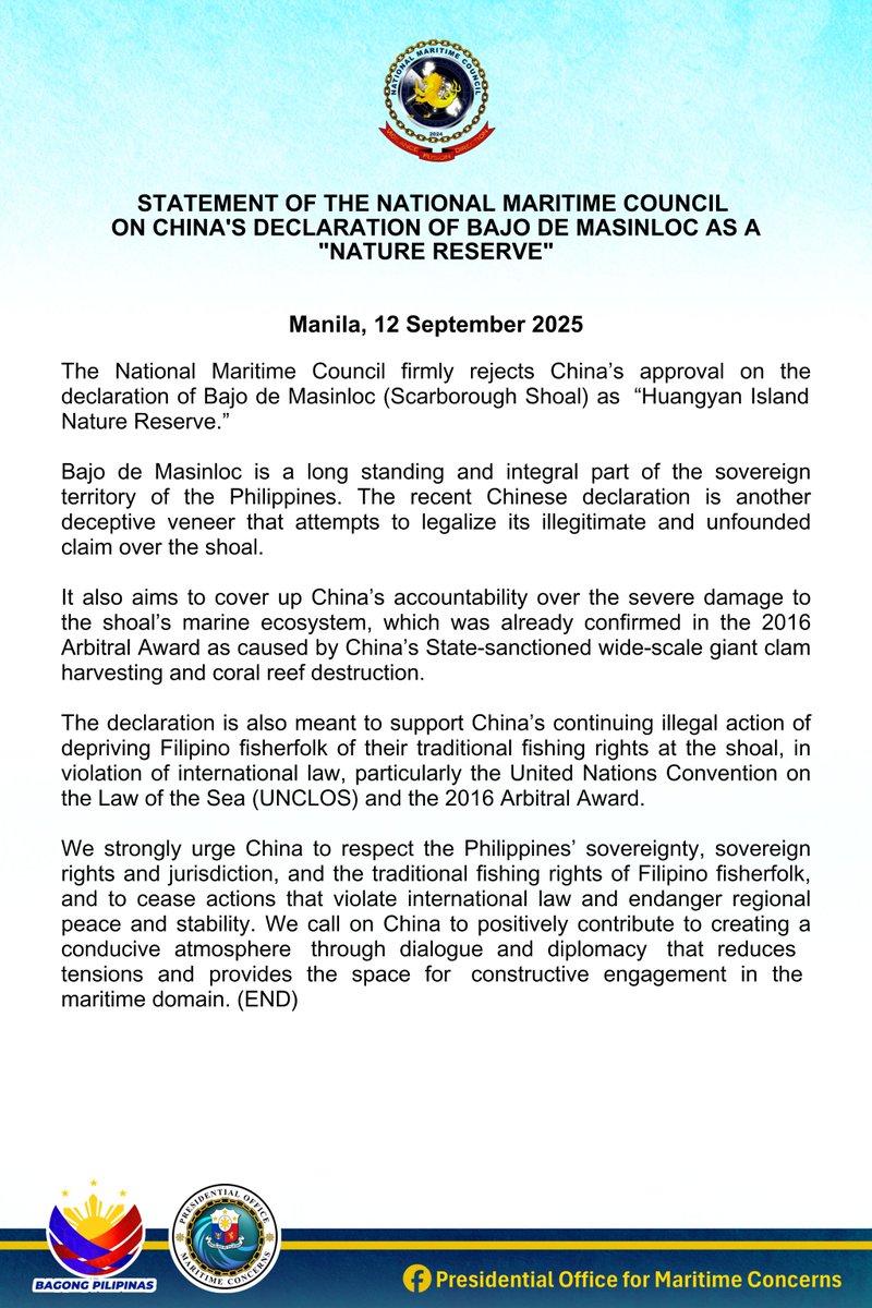 POMC57's tweet photo. Statement of the National Maritime Council on China's Declaration of Bajo de Masinloc as a "Nature Reserve"  Manila, 12 September 2025 https://t.co/sZL6pljaLZ
