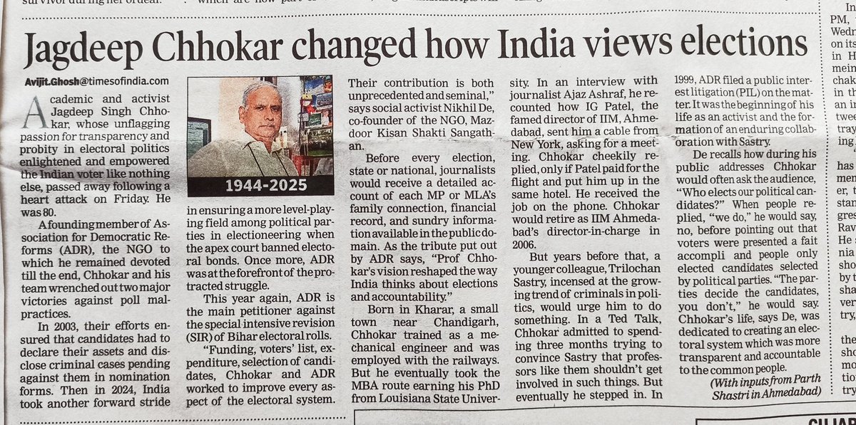 vishvajeet95's tweet image. Indian lost a invaluable Gem on 12-09-2025

Contribution by Jagdeep Chhokra in strengthening democracy in india will be always remember 

Rest in peace