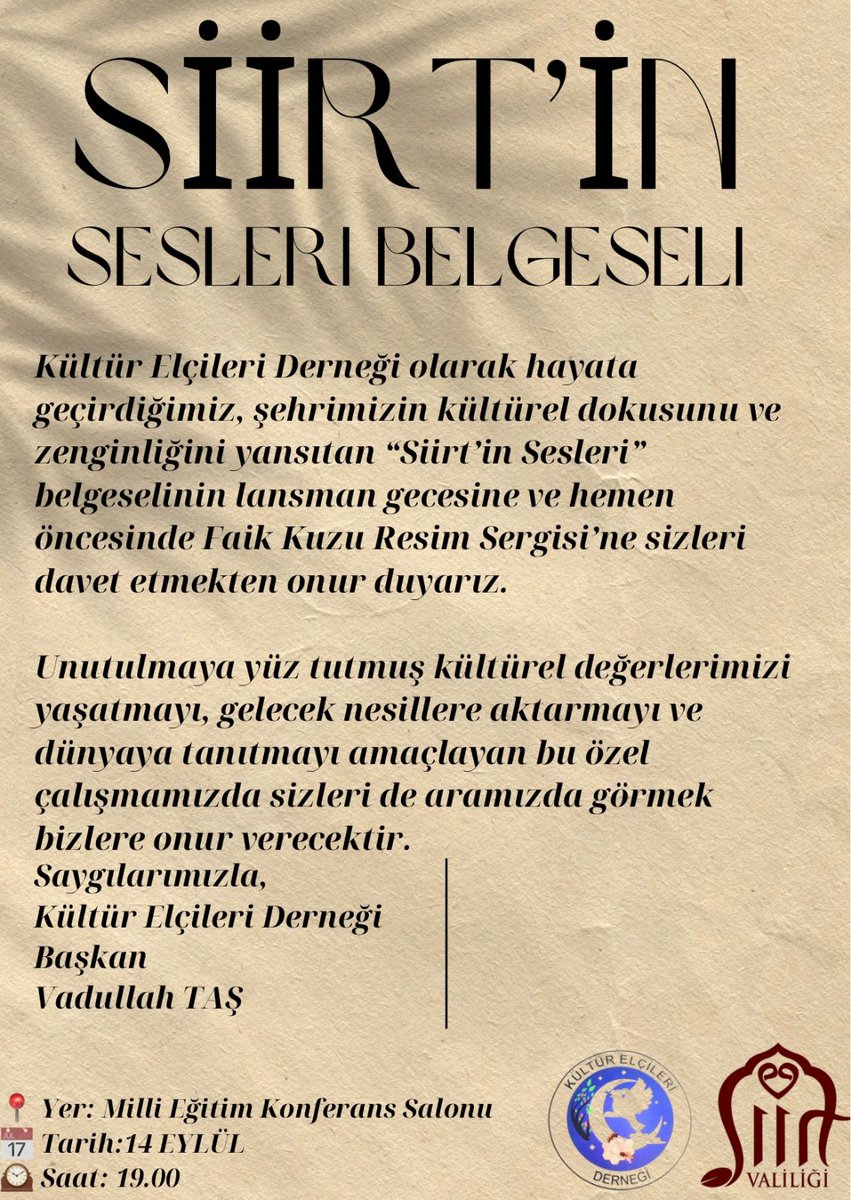 Yusuf Salih ARITÜRK (@yusufsartrk) on Twitter photo Siirt’in Sesleri Belgeseli Lansman Gecesi Düzenleniyor
siirtgazetesi.tr/index.php/2025…
<a href="/SukruUras/">Mehmet Şükrü URAS</a> <a href="/SiirtValiligi/">Siirt Valiliği</a> Siirt’in Sesleri Belgeseli Lansman Gecesi Düzenleniyor
siirtgazetesi.tr/index.php/2025…
<a href="/SukruUras/">Mehmet Şükrü URAS</a> <a href="/SiirtValiligi/">Siirt Valiliği</a>
