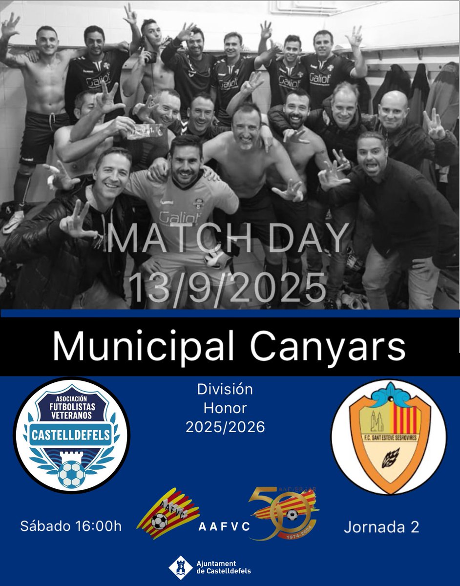 LIGA|🔵 DIVISIÓN DE HONOR

💙#veterans 

El @afvcastelldefels recibe a <a href="/fc/">Fellowship Church</a>.santestevesesrovires 

Sábado 16:00h
Municipal Canyars