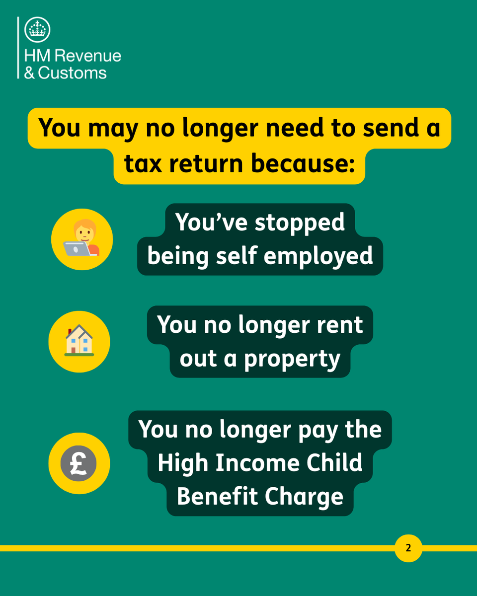 HMRCgovuk's tweet photo. No longer #SelfEmployed?  

If you’ve stopped working for yourself and no longer need to do a Self Assessment tax return – let us know as soon as possible.   

Find out how. 🎥⬇️ 

https://t.co/HrspWNP9Yp https://t.co/Gd3LurvLo7