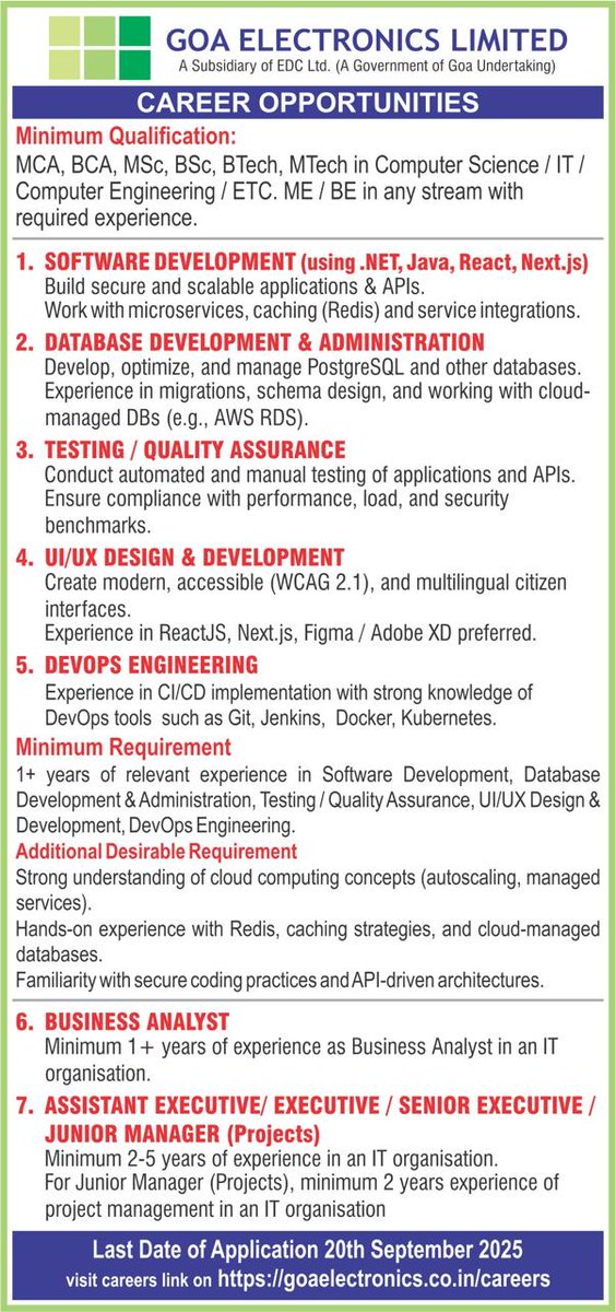 GoaElectronics's tweet photo. Elevate your IT career with Goa Electronics Limited! 🚀 Join us in shaping the future of technology. 🖥️ Explore limitless possibilities and be a part of our dynamic team. 💼 #TechTalent #GELHiring #ITCareers #GEL #GOVTOFGOA https://t.co/Jre9NTjHG1