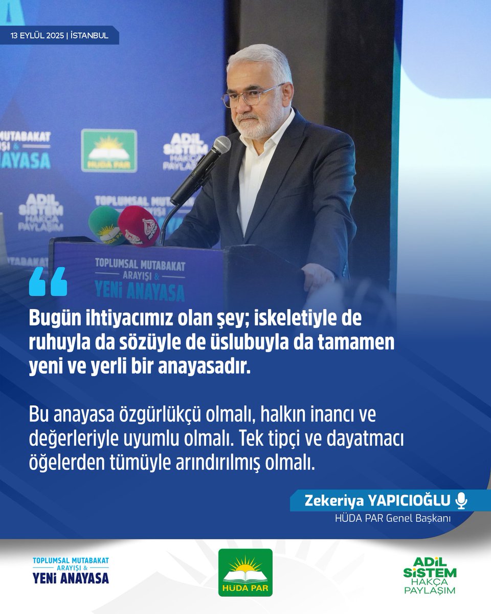 HurDavaPartisi's tweet photo. Genel Başkanımız Sayın Zekeriya Yapıcıoğlu, “Toplumsal Mutabakat Arayışı ve Yeni Anayasa” Çalıştayı'nda selamlama konuşmalarını gerçekleştirdi:

Eğer bir anayasa toplumsal mutabakat metni olacaksa ancak ve ancak uygulanacağı toplumun talep ve ihtiyaçlarına cevap olacak şekilde kaleme alınmalıdır. Toplumla ve toplumun değerleriyle çatışmamalıdır.