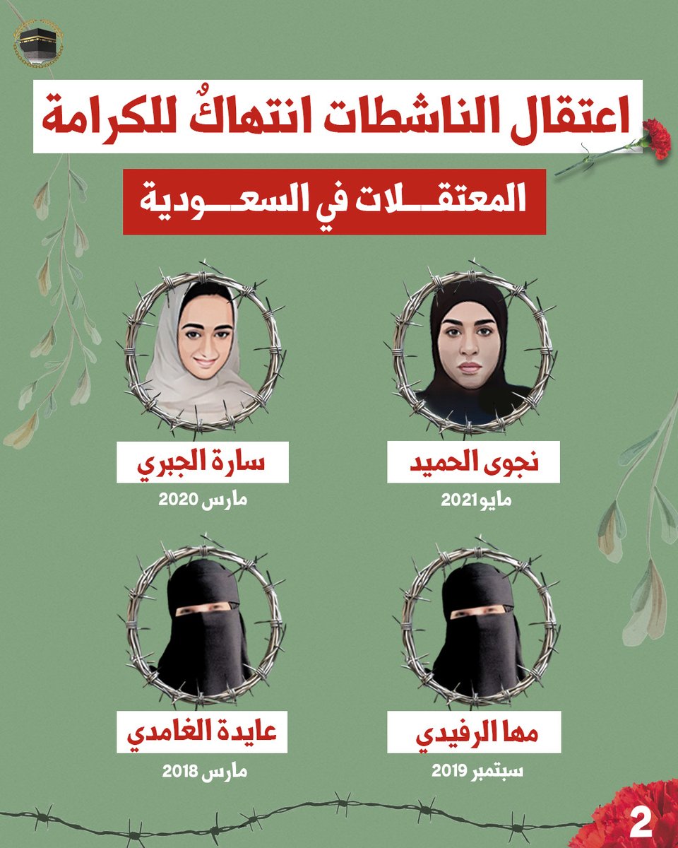🔻اعتقال الناشطات في #السعودية انتهاك للكرامة الإنسانية. نساء طالبن بحقوق مشروعة، فوجدن أنفسهن خلف القضبان بدلاً من أن تُسمع أصواتهن.
#سارة_الجبري #نجوى_الحميد #عايدة_الغامدي #مها_الرفيدي  #حقوق_الانسان #معتقلي_الرأي