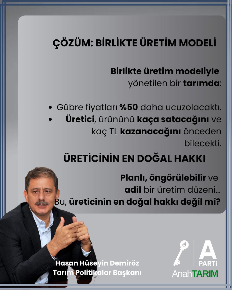ÜRETİCİNİN EN DOĞAL HAKKI !
Planlı, öngörülebilir ve adil bir üretim düzeni… 

<a href="/yavuzagiraliog/">Yavuz Ağıralioğlu</a> <a href="/anahtarparti/">Anahtar Parti</a> <a href="/hhuseyindemiroz/">Hasan Hüseyin Demiröz</a> 

#TarımGirdileri #GübreFiyatları #ÇiftçiZorda #Enflasyon #BirlikteÜretim #ÜreticiyeDestek
#AdilTarım