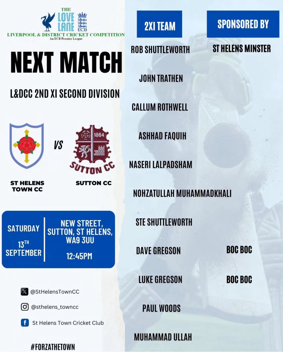 Team news for today’s matches as we reach the penultimate weekend of the season.

Both teams looking to continue their unbeaten runs as 1st XI host <a href="/OfficialSTCC/">Southport Trinity CC</a> and 2nd XI make the short trip to <a href="/Sutton_CC/">SuttonCC (St Helens)</a> 

#ForzaTown