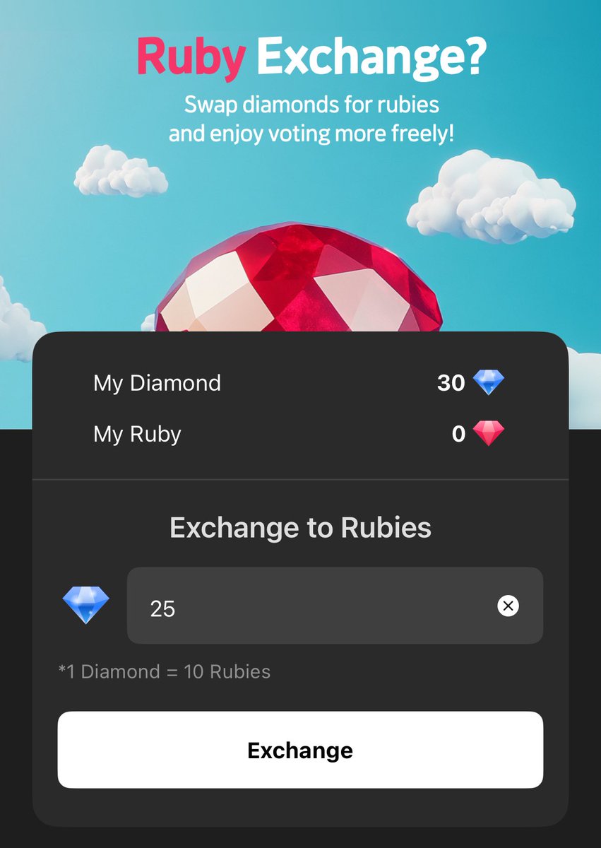 [📢 INKIGAYO] 

You can collect 250 rubies via ads, but for those of you who are planning to purchase them for all your accounts, make sure to only purchase 30 diamonds 💎 ! 

➡️ 25 diamonds 💎 = 250 rubies
✅ Convert them into rubies after purchasing 

⚠️ You don't need more