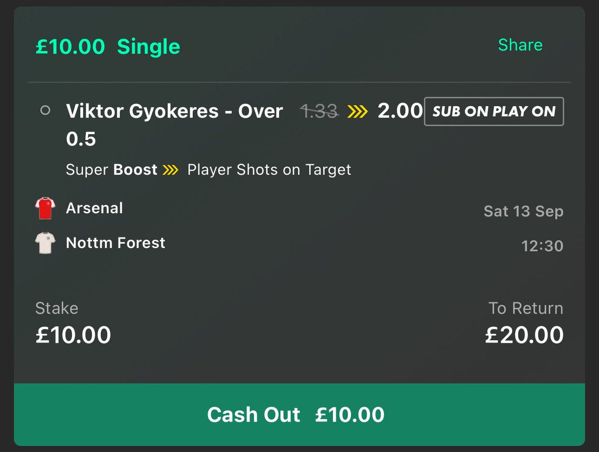 BarneyBets's tweet image. 🤑 CASH GIVEAWAY (must follow @BarneyBets to enter) 

I’m backing the super boost on Arsenal vs Nottingham Forest in the Premier League today. 

If Viktor Gyokeres has a shot on target, I’ll give away £10 to someone who:

LIKES ❤️ and REPOSTS ♻️ this post.