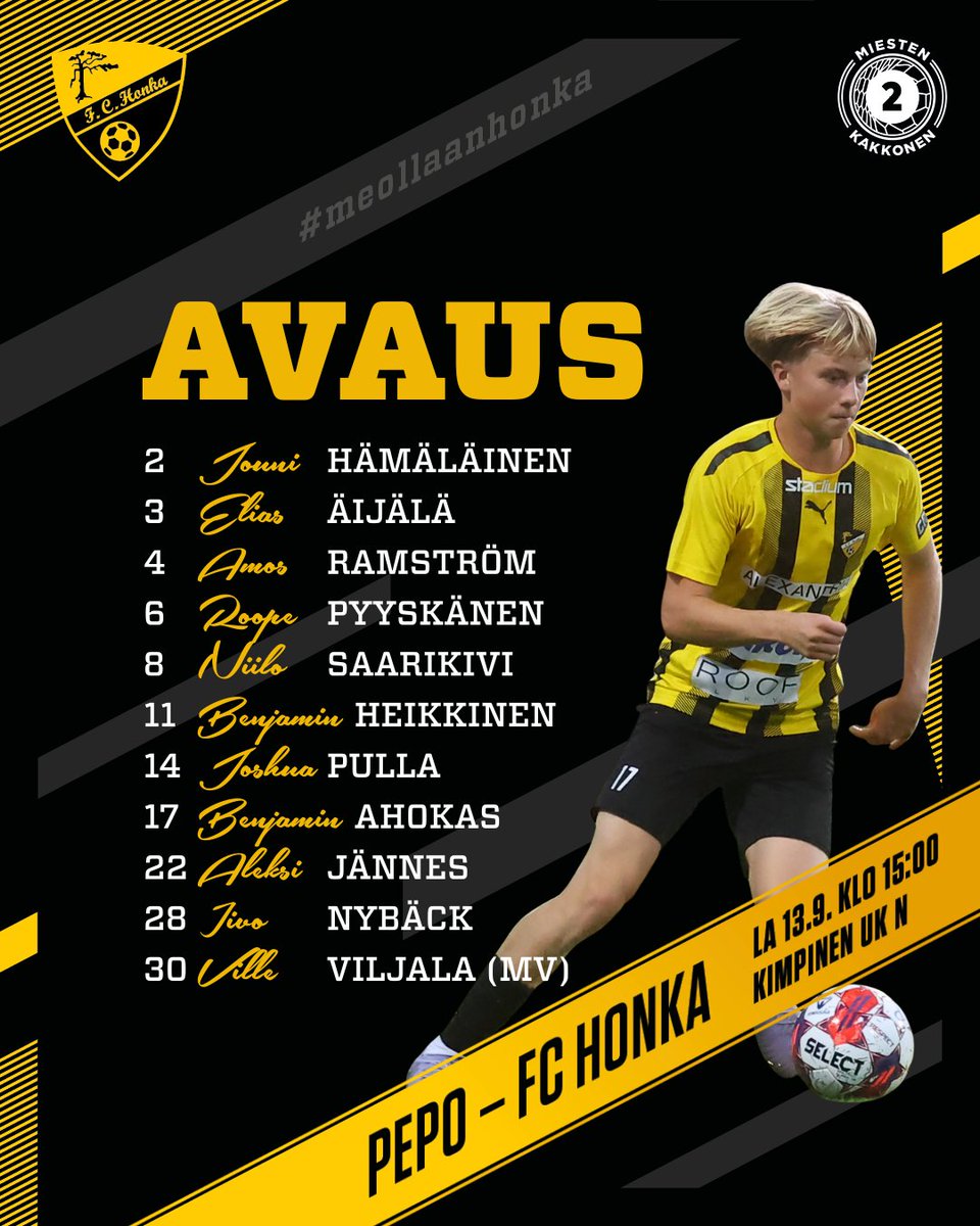 Avaus tänään Lappeenrannassa klo 15.00!

Vaihdossa:

Nico Serjala (MV)
Toni Takamäki
Aaro Heiskanen
Aapo Venermo
Sohga Arima
Pauli Katajamäki
Kasperi Liikonen

#MeOllaanHonka