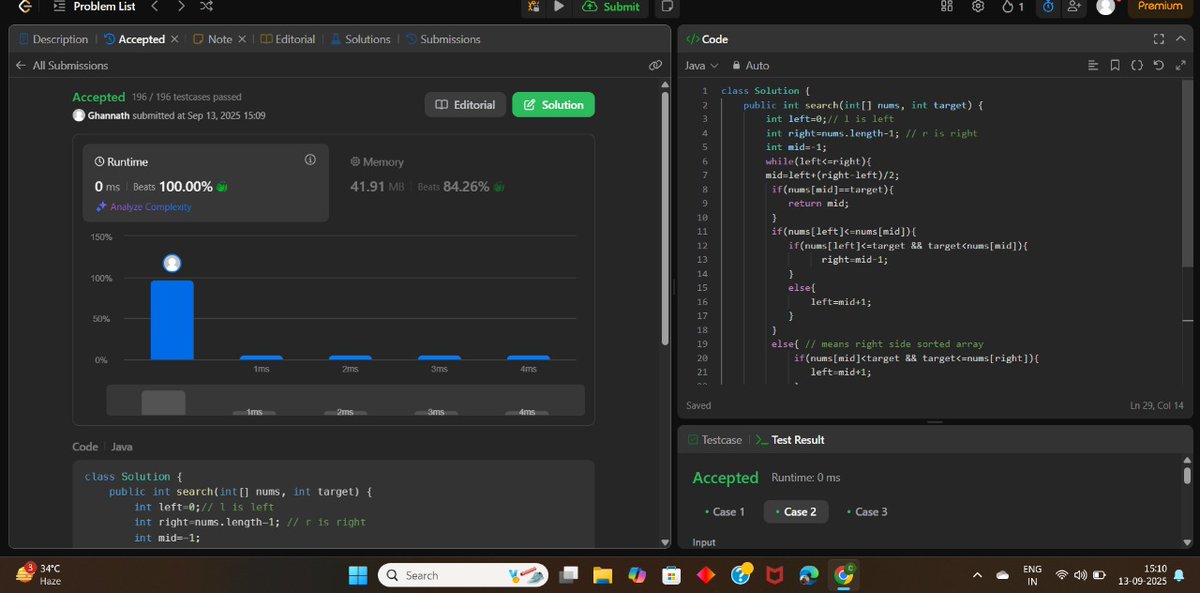 GhannathkK's tweet image. ✔️ 🥰cracked LeetCode 33 – Search in Rotated Sorted Array in a unique way! 🚀✅
Algorithm + Binary Search mastery unlocked! 📊✨
#LeetCode #100DaysOfCode #CodingChallenge #Java #Algorithm #BinarySearch #ProblemSolving 
Thanks @zimalkumud97 I also did this after seeing your post