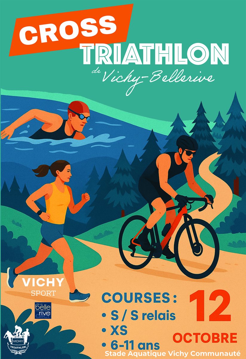 [#Triathlon]  Nouveau défi sportif ! 🏃‍♂️🚴‍♀️🏊‍♂️ Le Cross Triathlon de Vichy-Bellerive revient le 12 octobre 2025. Un challenge pour tous, en solo ou en relais.
Inscriptions 👉 vichytriathlon.net