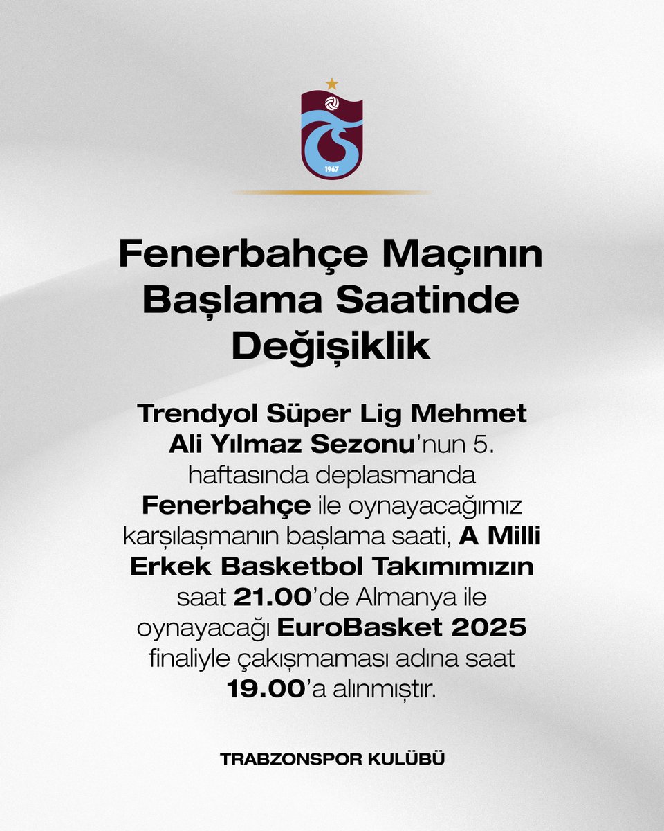 ℹ️ Trendyol Süper Lig Mehmet Ali Yılmaz Sezonu’nun 5. haftasında deplasmanda Fenerbahçe ile oynayacağımız karşılaşmanın başlama saati, A Milli Erkek Basketbol Takımımızın saat 21.00’de Almanya ile oynayacağı EuroBasket 2025 finaliyle çakışmaması adına saat 19.00’a alınmıştır.
