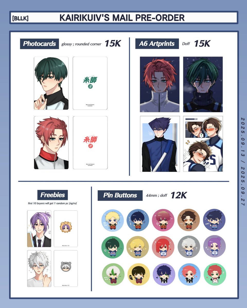 [Likes n rts are very appreciated]

<a href="/kairikuiv/">Kairi • PO 📌</a>'s fanmerch pre-order ☆ ˖ ˙ ∘

📅 Sept 13 - Sept 27
📌 Sakamoto Days, Blue lock
🔗 form.jotform.com/kairikuiv/mail…

☆ More information below ⬎