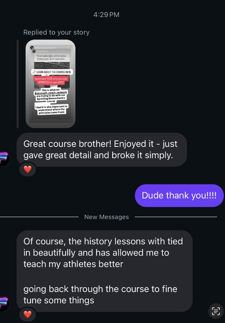 "The history lessons tied in beautifully and has allowed me to teach my athletes better"

Words from a coach that took the new Fundamentals of Sprinting | A Complete Biomechanics Course from <a href="/DCSportTraining/">DC Sports Training</a> 

For more info on the course:
strengthcoachnetwork.com/Sprint-Biomech…

Save $100 this