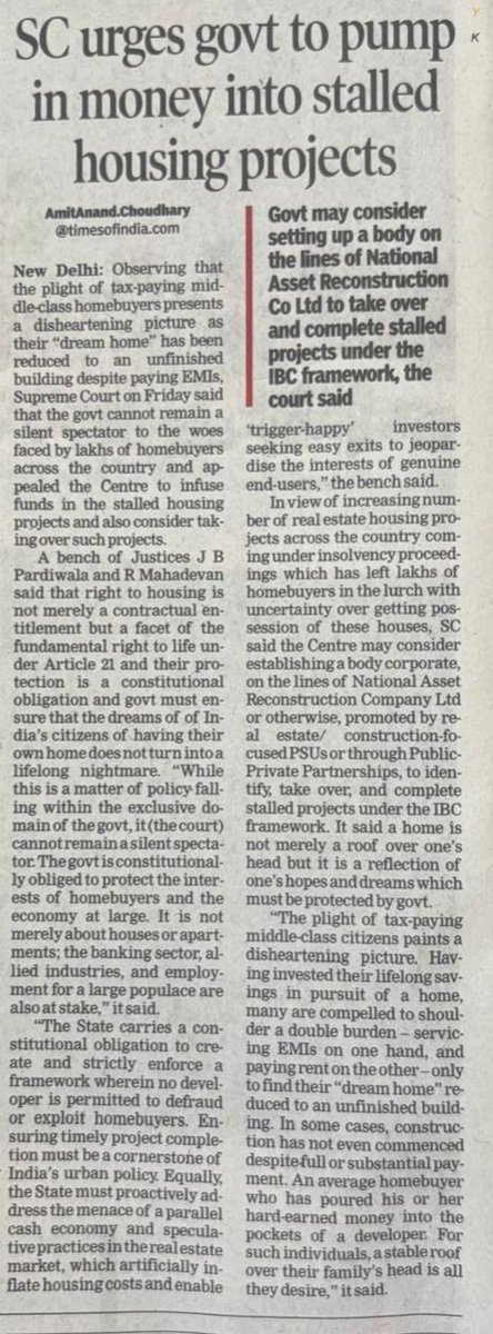 Supreme court says "Govt must expedite and help stalled housing projects"... 
80% projects are stuck due to regulatory hurdles not money.. red tape .. slow IBC, NCLT, NCLAT are killing middle class tax payer home buyers...
<a href="/NITIAayog/">NITI Aayog</a>
<a href="/PMOIndia/">PMO India</a> <a href="/BJP4India/">BJP</a> <a href="/aajtak/">AajTak</a> <a href="/htTweets/">Hindustan Times</a> ???
