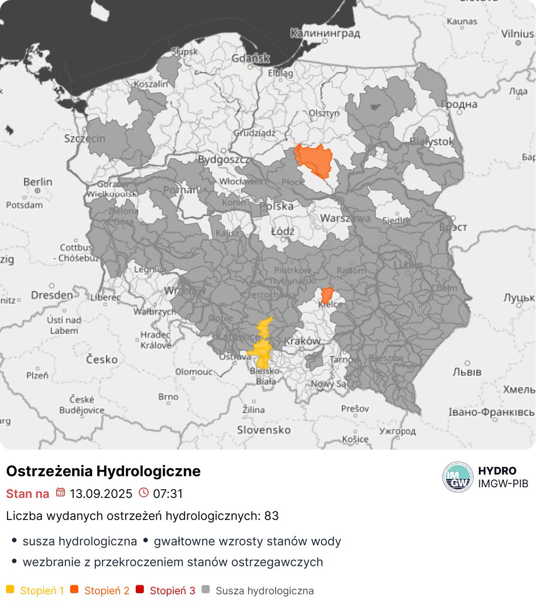 ⚠️ UWAGA ⚠️
‼️ AKTUALIZACJA OSTRZEŻEŃ #IMGW ‼️
🌊 Hydrologiczne:
• Wezbranie z przekroczeniem stanów ostrzegawczych (Wkra, Mławka – możliwe przekroczenia) ⏰ 12.09 16:16 –13.09 15:00
• Gwałtowne wzrosty stanów wód ⏰ 13.09 03:00 – 13.09 16:00
• Susza hydrologiczna