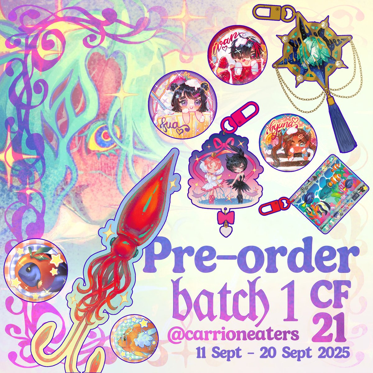 - likes &amp; rts are appreciated .｡.:*♡

#CF21 Catalogue by CarrionEaters
 
📍Circle “DAPUR ALIEN” Booth number TBA
📦Pick Up (Day 2) 
📅 PO period: 13 - 23 September 2025
📌Fandom: Princess Tutu, Alien Stage (ALNST),Houseki no Kuni(HnK),Ghibli (Howl),Originals (Ocean,fish,misc)