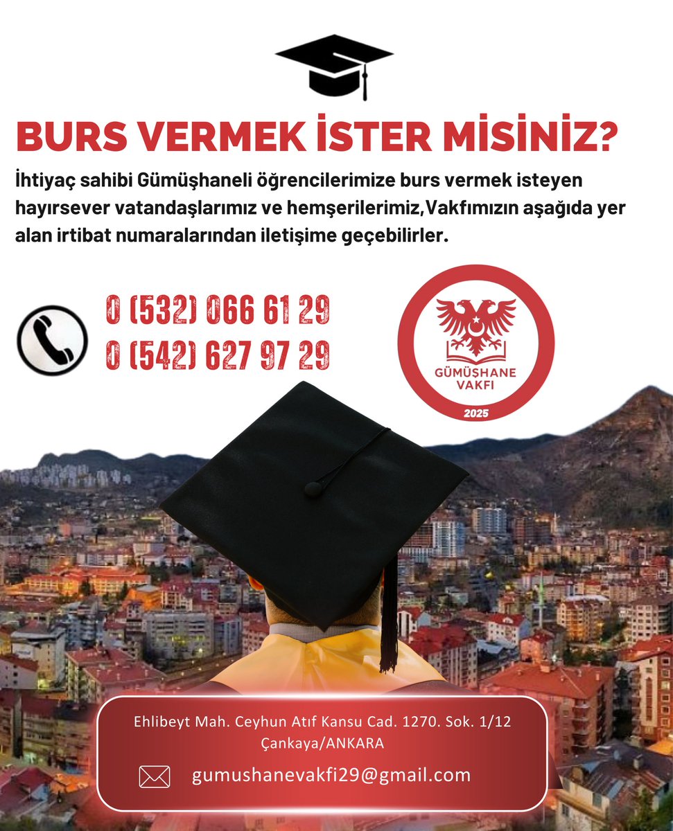 İhtiyaç sahibi Gümüşhaneli öğrencilerimize burs vermek isteyen hayırsever vatandaşlarımız ve hemşerilerimiz, Vakfımızın aşağıda yer alan irtibat numaralarından iletişime geçebilirler.