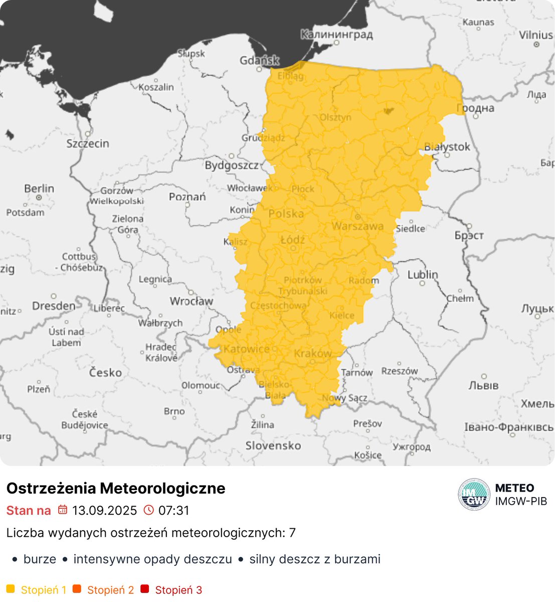 ‼️ AKTUALIZACJA OSTRZEŻEŃ #IMGW ‼️ ⛈️ Meteorologiczne:
• Burze (deszcz 15–25 mm, wiatr do 65 km/h, mały grad) ⏰ 13.09 14:00 – 21:00
• Intensywne opady deszczu (20–35 mm) ⏰ 13.09 03:00 – 14:00
👉 Ostrzeżenie może być podniesione
Szczegóły: meteo.imgw.pl
#pogoda