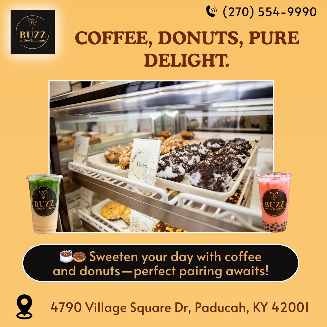 buzzdonutpky's tweet photo. ☕🍩 Treat yourself to pure delight—Buzz Coffee &amp; Donuts has the perfect pairing waiting for you! Stop by today! ✨📞 Call Now: (270) 554-9990
📍 4790 Village Square Dr, Paducah, KY 42001
#BuzzCoffeeAndDonuts #PaducahEats #CoffeeLovers #DonutDelight #BuzzPaducah #CoffeeAndDonuts https://t.co/Xq2sUSmkVh