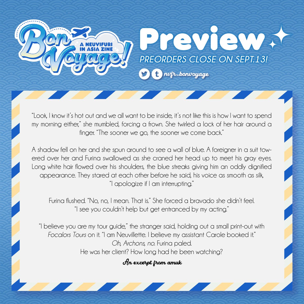 Preorders are open for <a href="/nvfr_bonvoyage/">Bon Voyage!: A Neuvifuri in Asia Zine</a> zine! Here's a sneak peek at tour guide Furina and her first disastrous meeting with her customer Neuvillette.

It's your last day to pick up a copy and there are so many amazing works in it!

#neuvifuri