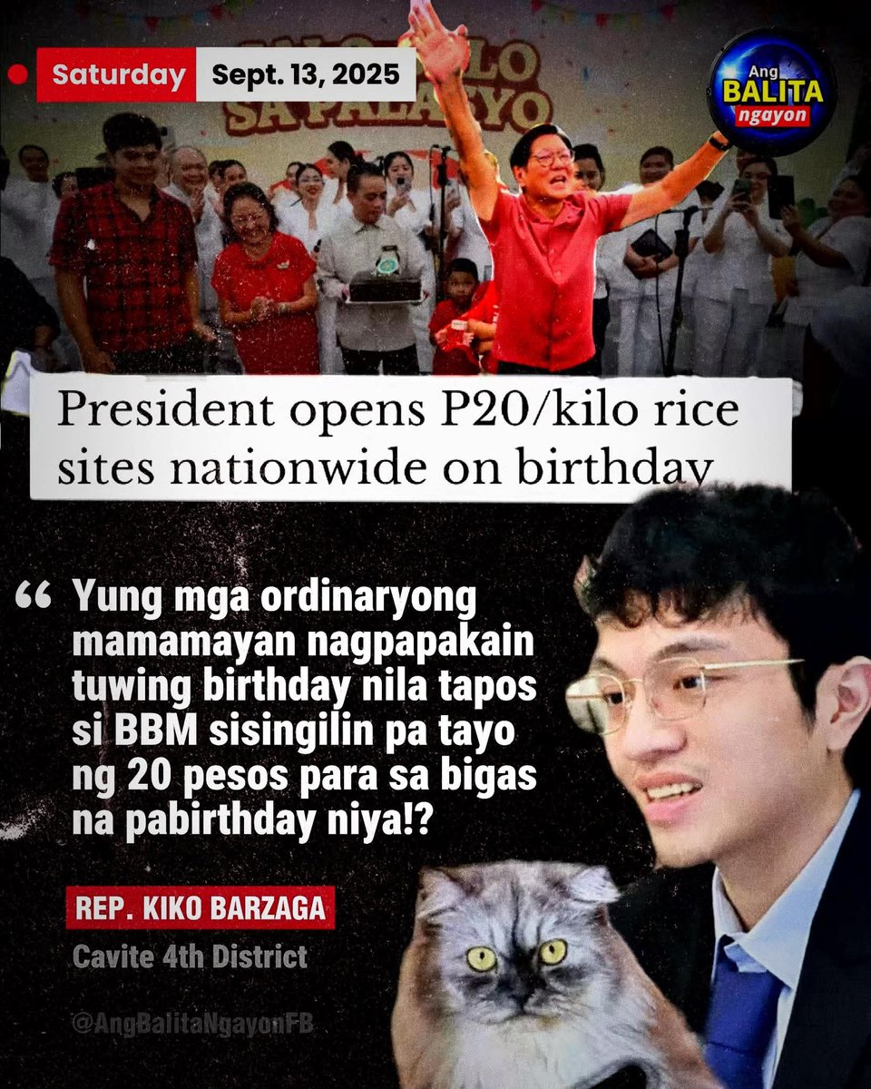 PABIRTHDAY NA BIGAS, SINISINGIL?”
Nagbukas ng mga ₱20/kilo rice sites nationwide si Marcos Jr. sa mismong kaarawan niya nitong Setyembre 13.
Hindi ito pinalampas ni Cavite 4th District Rep. Kiko Barzaga: