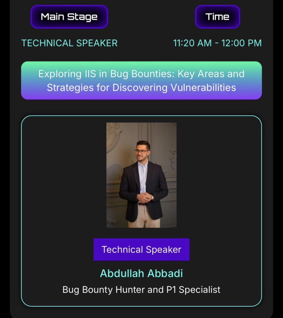 The wait is over for #bugbounty people, <a href="/XHackerx007/">Abdullah Nawaf (HackerX007)🇯🇴</a> Abdullah Nawaf is all set to load us all with the knowledge of his Experience on “IIS in Bugbounty” come join in Main hall at <a href="/bsidesahmedabad/">Security BSides Ahmedabad</a> <a href="/Bugcrowd/">bugcrowd</a> <a href="/synack/">Synack</a> <a href="/Hacker0x01/">HackerOne</a> <a href="/StandoffBB/">Standoff Bug Bounty</a> <a href="/yeswehack/">YesWeHack ⠵</a>