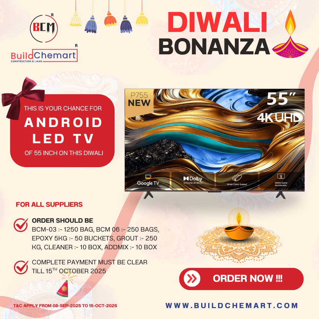 MibizL64325's tweet photo. 🎆 Diwali Bonanza 🎆
Win a 55" Android LED TV (4K UHD) this Diwali!
📦 Place bulk orders of BCM Products
🧾 Complete payment by 15th Oct 2025
👉 Order Now: https://t.co/wgbKNZncO5
#DiwaliOffer #BuildChemart #ConstructionMaterials #Diwali2025 https://t.co/haYu0aaH3B